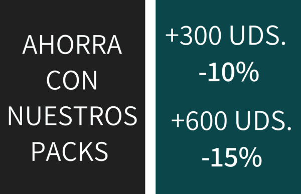 Imagen que reza "ahorra con nuestros packs: más de 300 unidades, 10% de descuento; más de 600 unidades, 15% de descuento"
