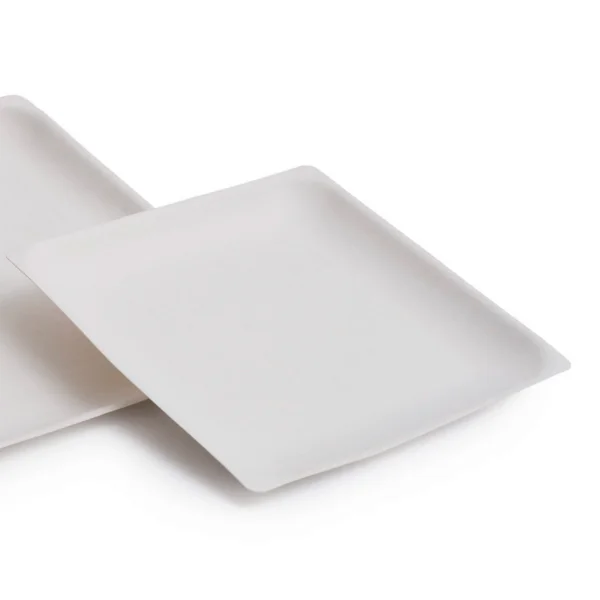 plato cuadrado de caña de azúcar en color blanco sobre un fondo blanco.