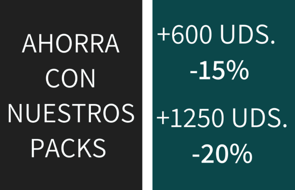 Imagen que reza "ahorra con nuestros packs: más de 600 unidades, 15% de descuento; más de 1250 unidades, 20% de descuento"