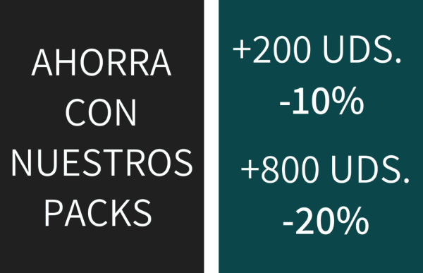 Imagen que reza "ahorra con nuestros packs: más de 200 unidades, 10% de descuento; más de 800 unidades, 20% de descuento"